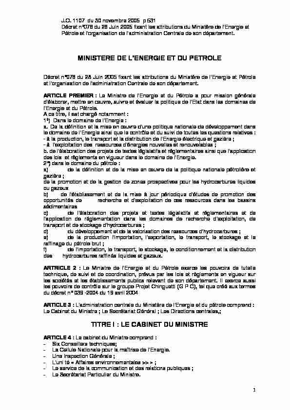 [PDF] MINISTERE DE LENERGIE ET DU PETROLE TITRE I : LE CABINET