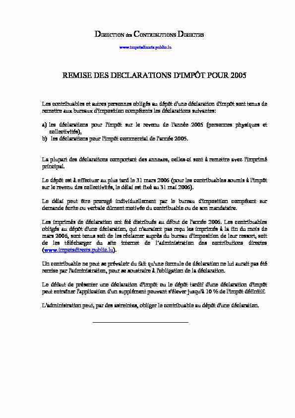 REMISE DES DECLARATIONS DIMPÔT POUR 2005