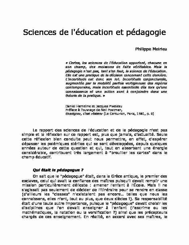 [PDF] Sciences de léducation et pédagogie - Philippe Meirieu
