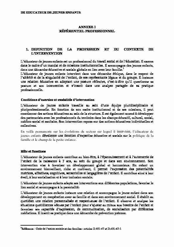 [PDF] ANNEXE I RÉFÉRENTIEL PROFESSIONNEL 1 DEFINITION DE LA