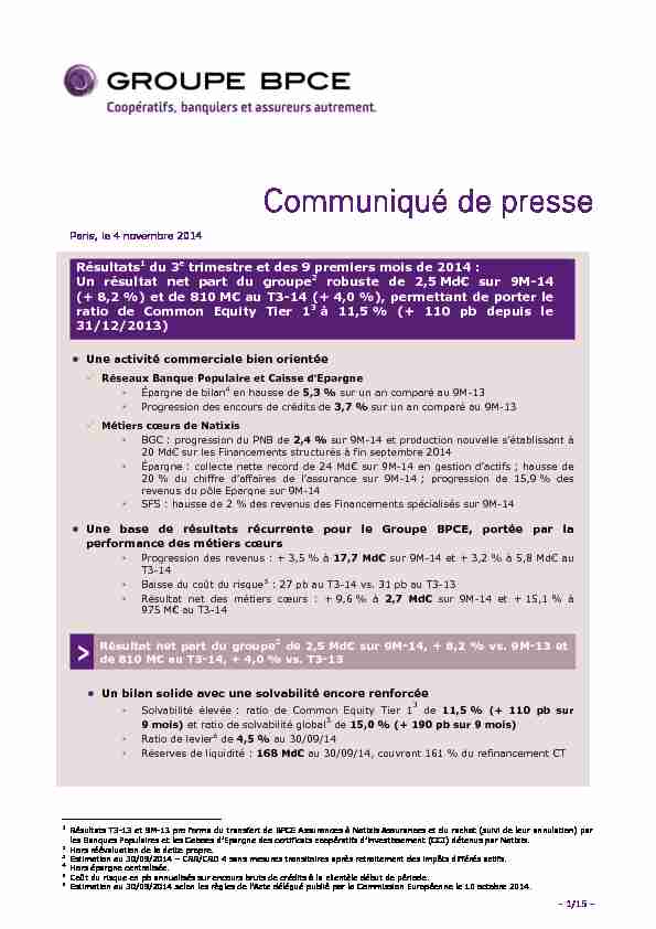 Communiqué de presse - 4 novembre 2014 - Groupe BPCE