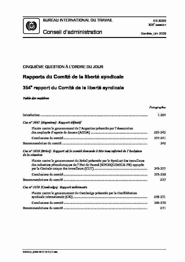 Rapports du Comité de la liberté syndicale - 354e rapport du Comité