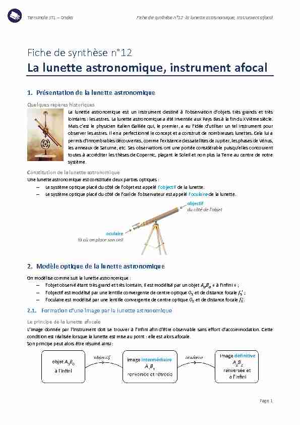 Fiche de synthèse n°12 La lunette astronomique, instrument afoal