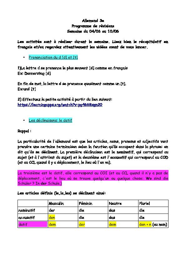 [PDF] Allemand 3e Programme de révisions Semaine du 04/06 au 10/06