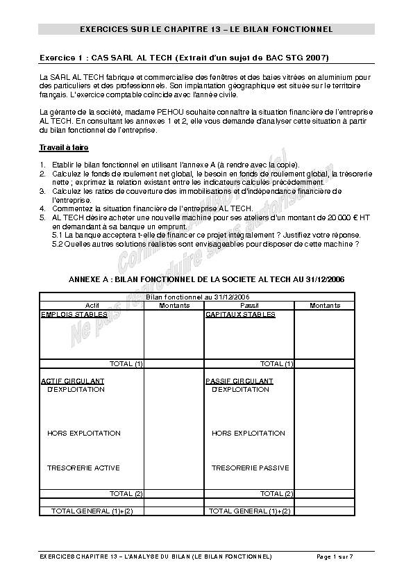 [PDF] LE BILAN FONCTIONNEL Exercice 1 : CAS SARL AL TECH (Extrait