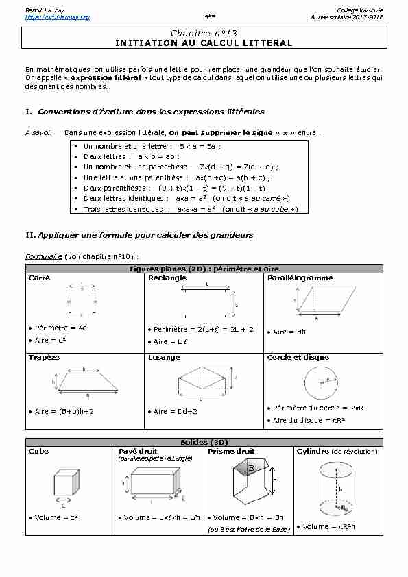 [PDF] Chapitre n°13 INITIATION AU CALCUL LITTERAL  - prof-launayorg