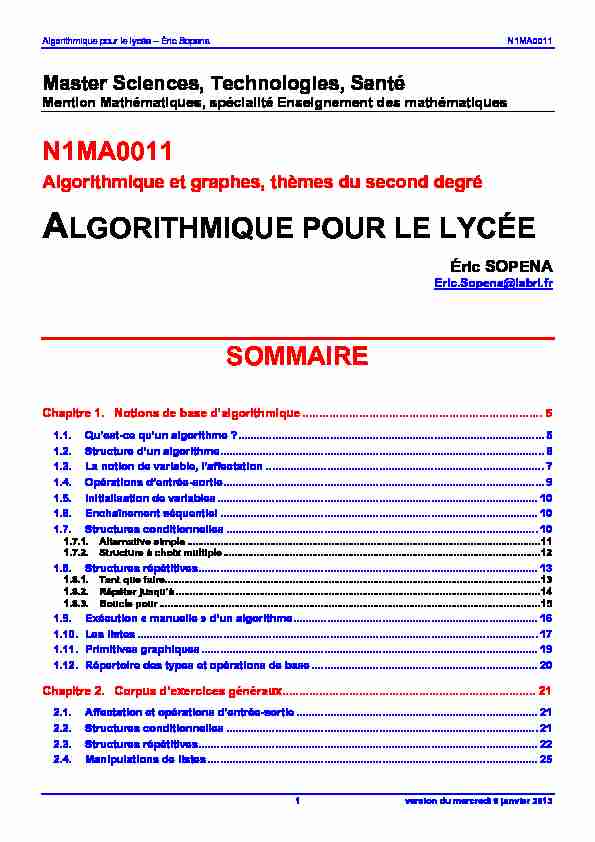 [PDF] ALGORITHMIQUE POUR LE LYCÉE - Unité de formation d