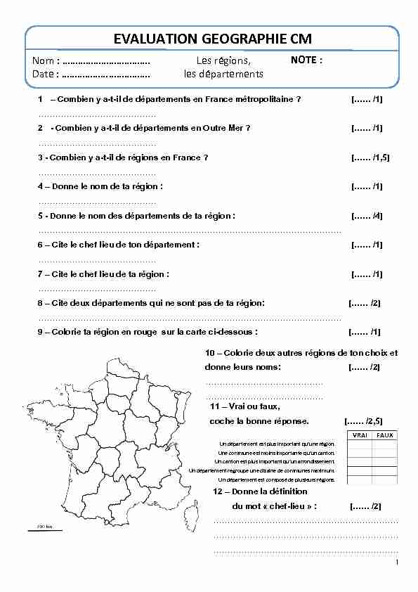 EVALUATION Geographie - France departements regions 2011
