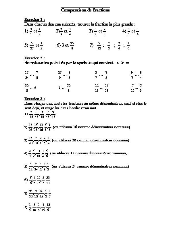 Comparaison de fractions - Sésamath