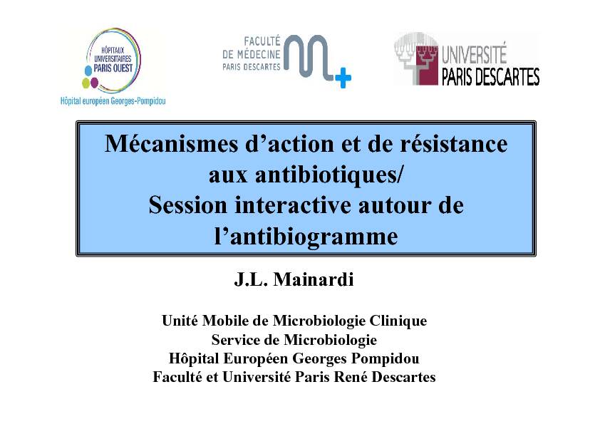 [PDF] Mécanismes daction et de résistance aux antibiotiques/ Session