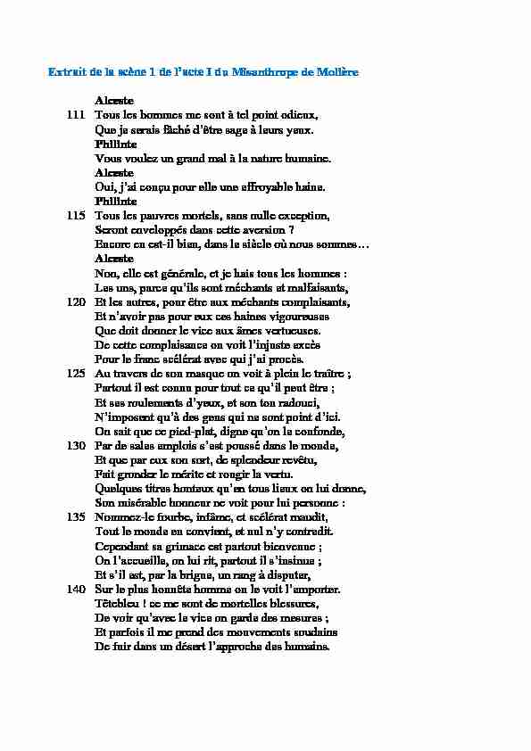 [PDF] Extrait de la scène 1 de lacte I du Misanthrope de Molière  - Accueil