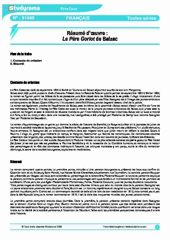 91040 - Résumé dœuvre : Le Père Goriot de Balzac