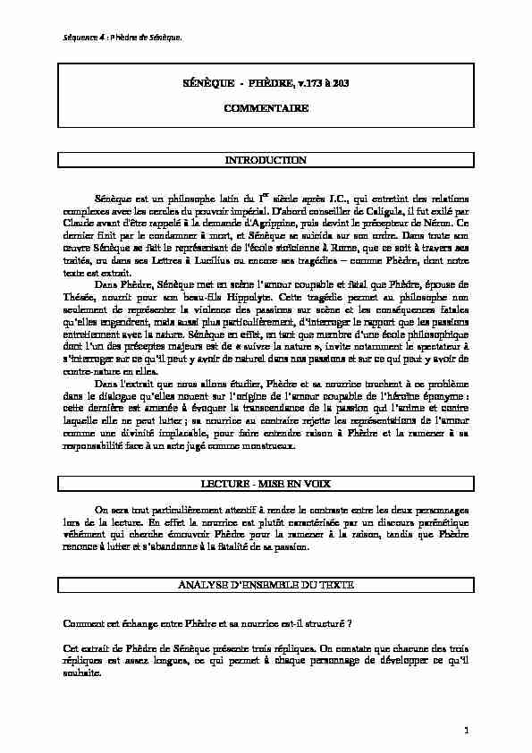 PHÈDRE v.173 à 203 COMMENTAIRE INTRODUCTION Sénèque