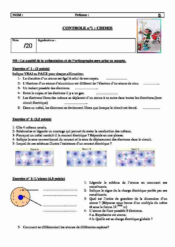 CONTROLE n°1 : CHIMIE