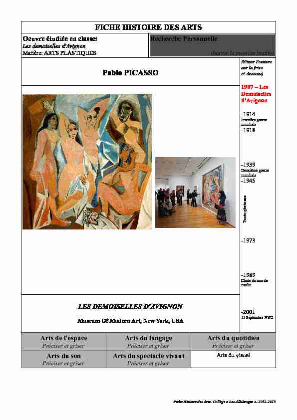 FICHE HISTOIRE DES ARTS Pablo PICASSO
