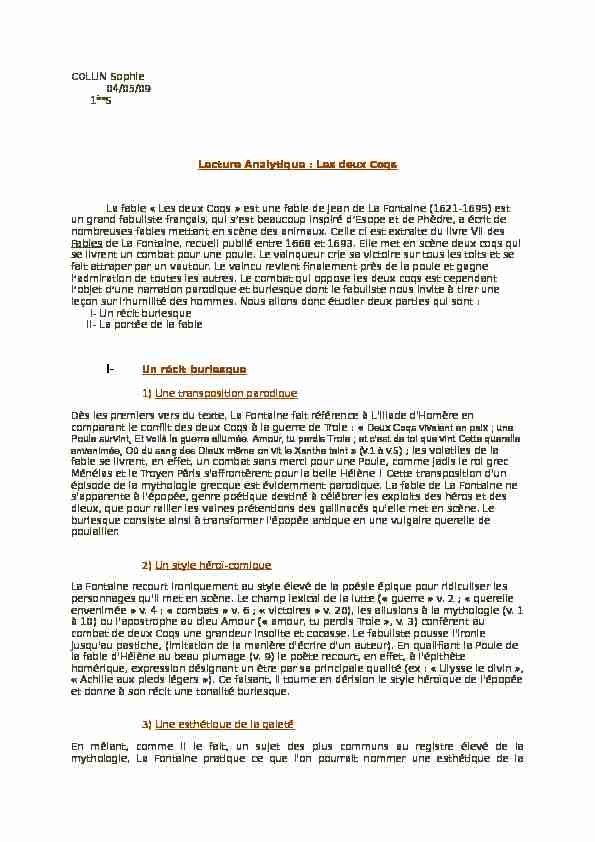 [PDF] COLLIN Sophie 04/05/09 Lecture Analytique : Les deux Coqs La