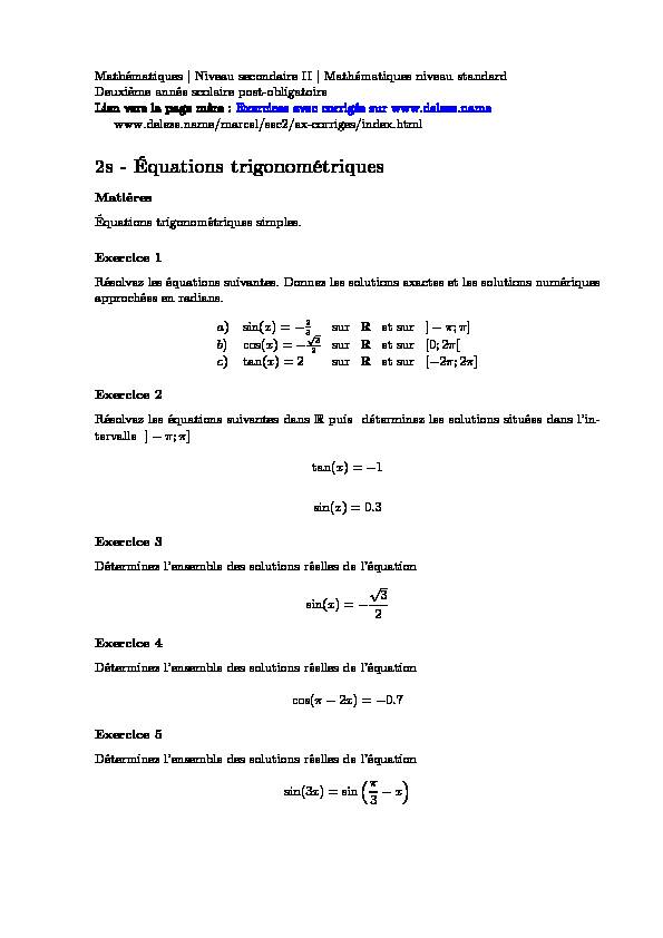 Équations trigonométriques exercices avec corrigés