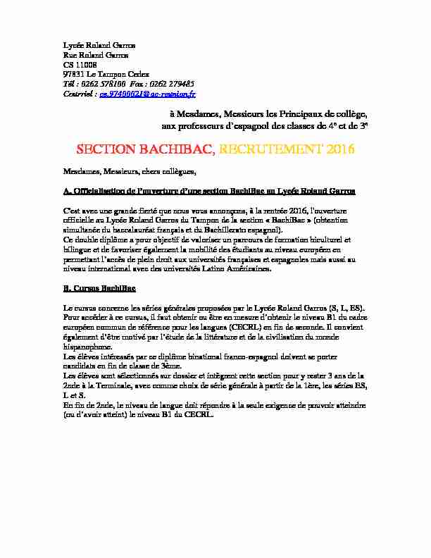 [PDF] SECTION BACHIBAC, RECRUTEMENT 2016 - Lycée Roland Garros