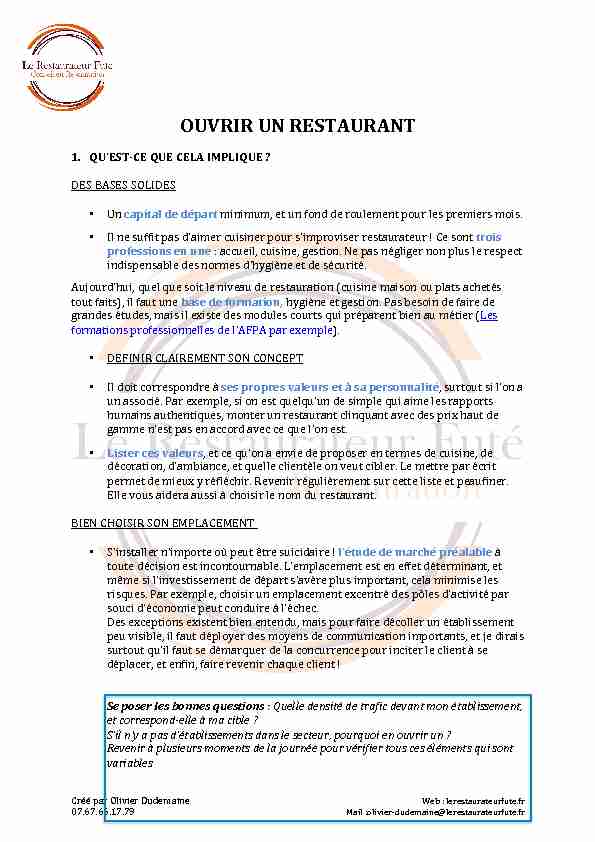 [PDF] DOSSIER COMPLET OUVRIR UN RESTAURANT PDF