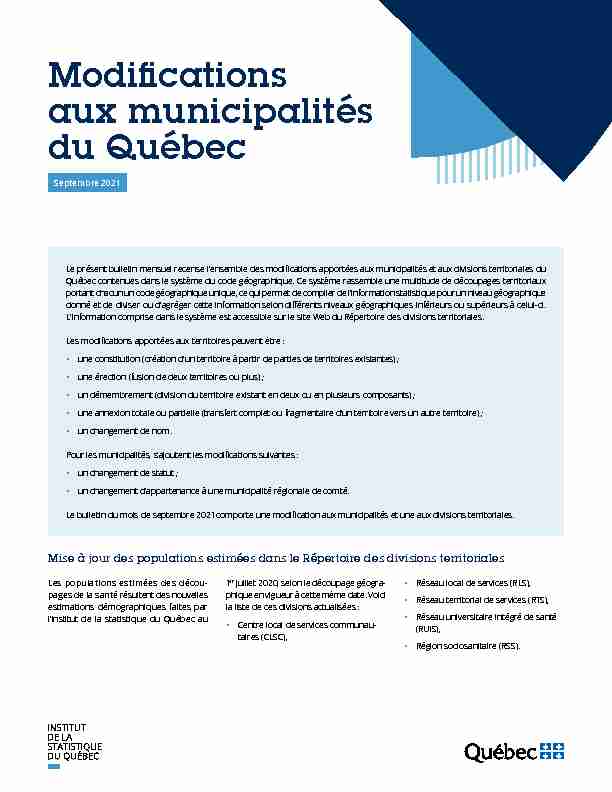 Modifications aux municipalités du Québec septembre 2021
