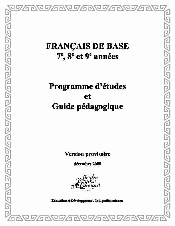 FRANÇAIS DE BASE 7  8 et 9 années Programme d'études et