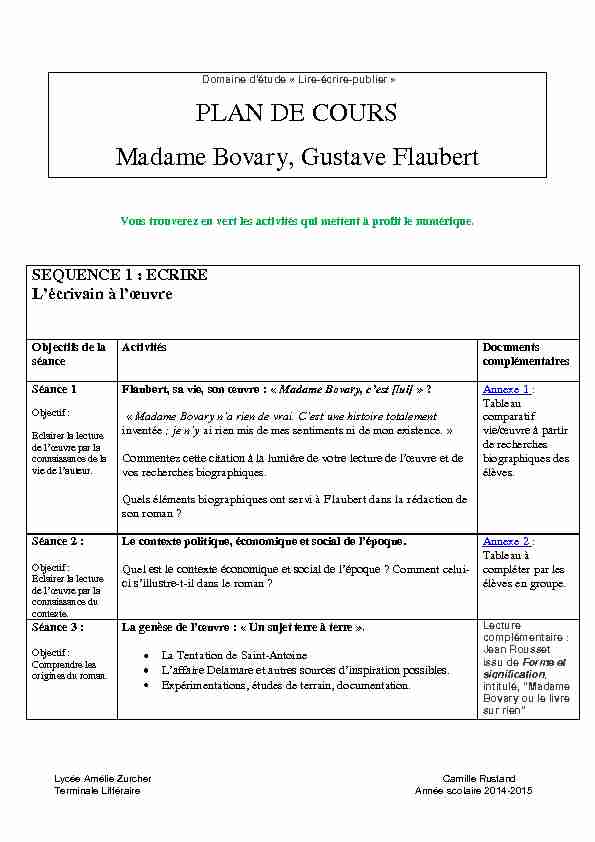 [PDF] PLAN DE COURS Madame Bovary, Gustave Flaubert