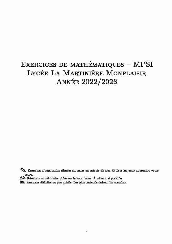 Exercices de mathématiques – MPSI Lycée La Martinière Monplaisir