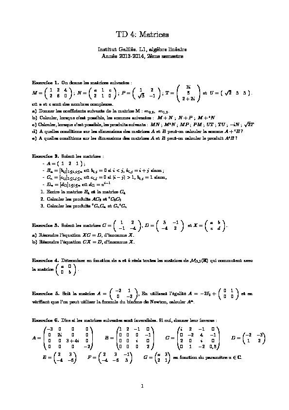 [PDF] TD 4: Matrices