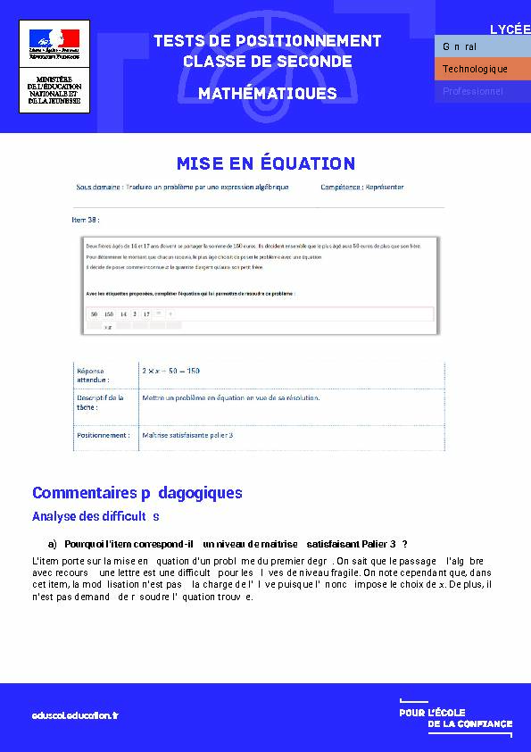 Mise en équation - educationfr