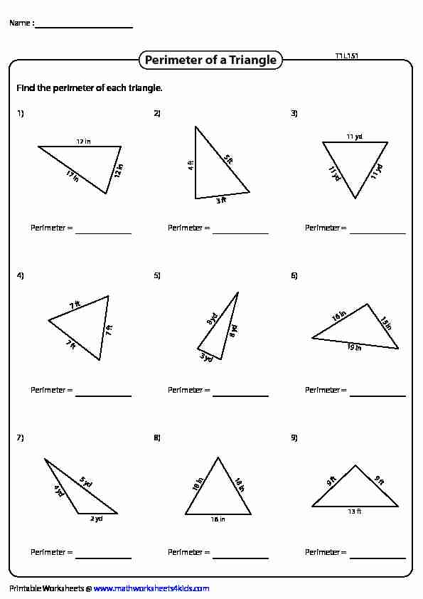 Perimeter of a Triangle T1L1S1 - Worksheets for Kids