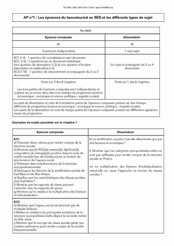 [PDF] AP n°1 : Les épreuves du baccalauréat en SES et les  - Toile SES