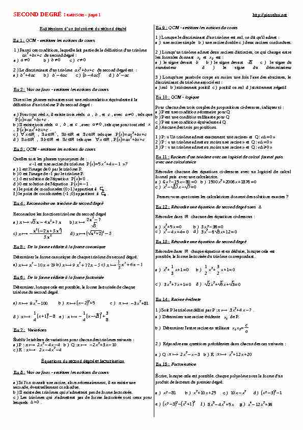 [PDF] SECOND DEGRÉ : exercices - page 1 http://pierreluxnet