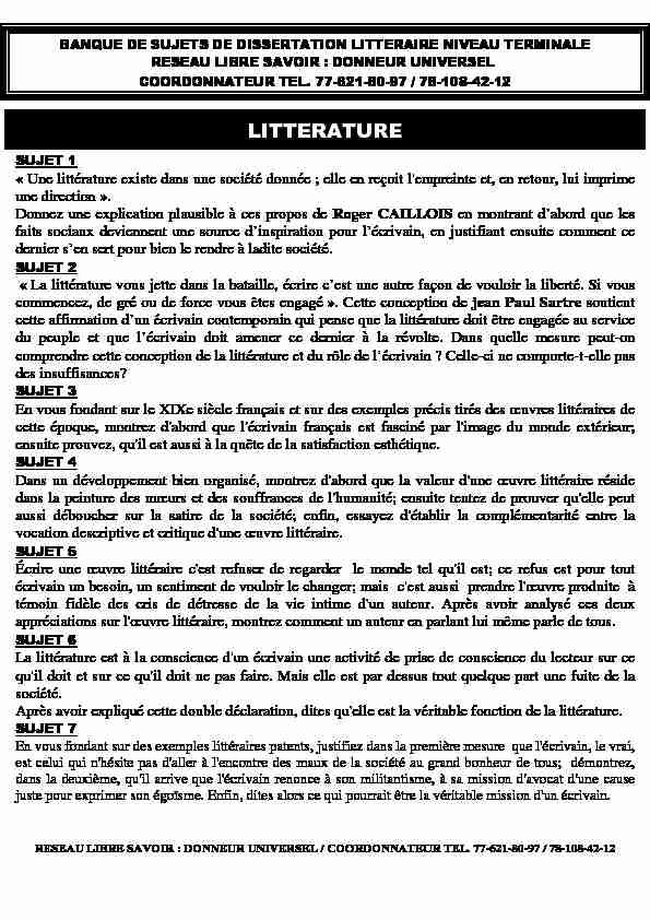 BANQUE DE SUJETS DE DISSERTATION FRANCAISE - Sénégal Education