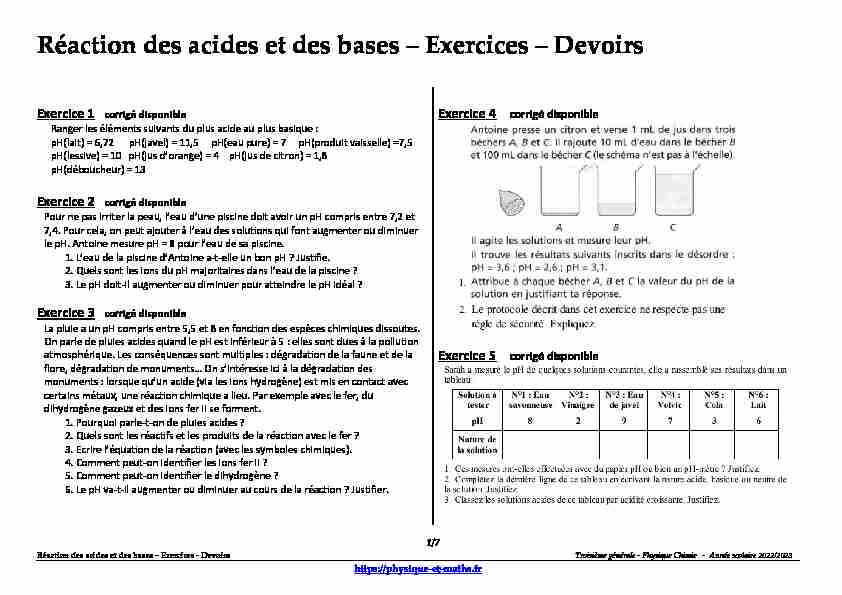 Réaction des acides et des bases – Exercices – Devoirs