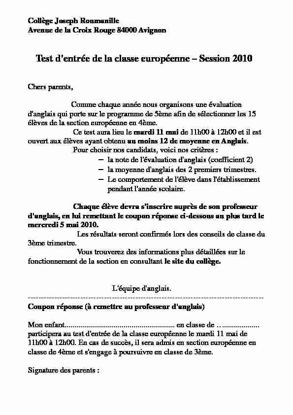 [PDF] inscription classe euro - collège Roumanille