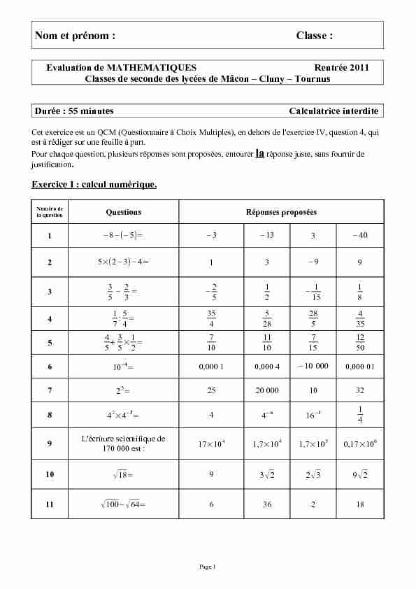 [PDF] QCM Evaluation entrée en classe de seconde - Mathématiques