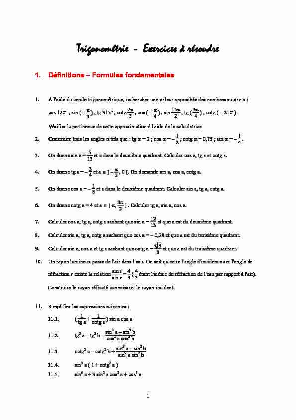 Trigonométrie - Exercices à résoudre