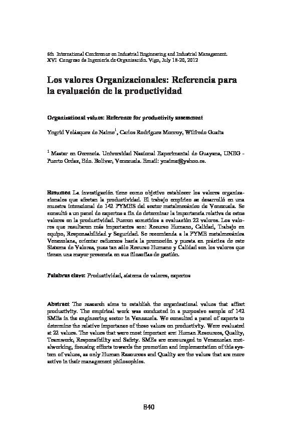[PDF] Los valores Organizacionales: Referencia para la evaluación de la