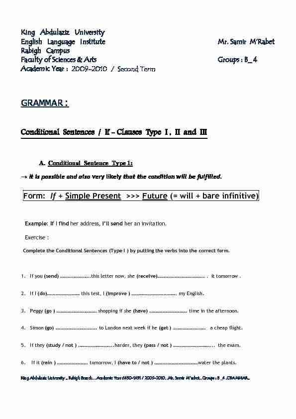[PDF] Conditional Sentences / If-Clauses Type I, II und III