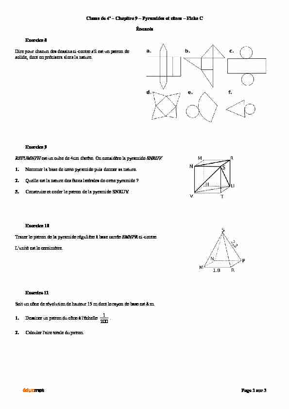 [PDF] Classe de 4e – Chapitre 9 – Pyramides et cônes – Fiche C Énoncés