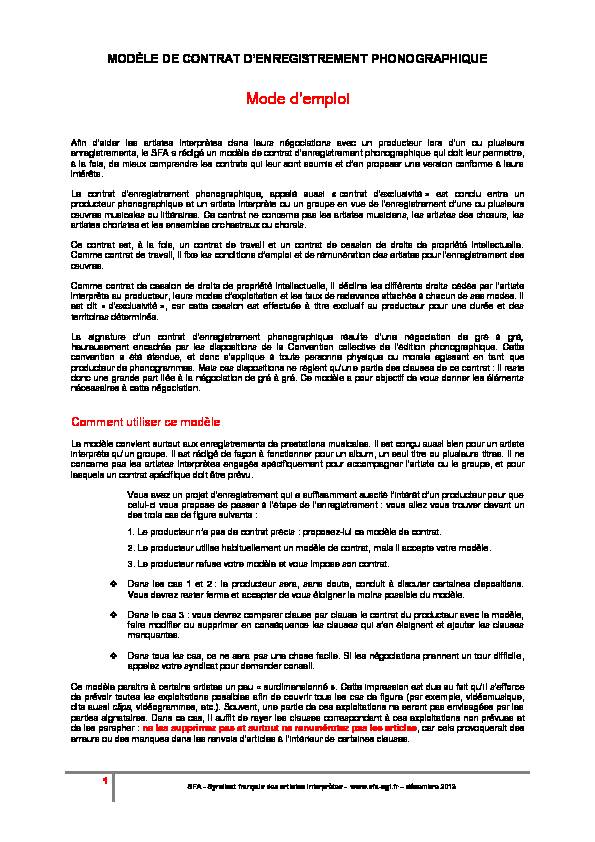 [PDF] Modèle de contrat artiste-interprète pour lédition  - SFA-CGT