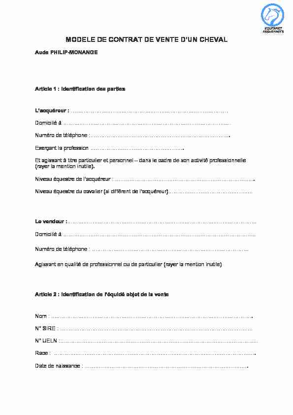 [PDF] MODELE DE CONTRAT DE VENTE DUN CHEVAL - Equitanet