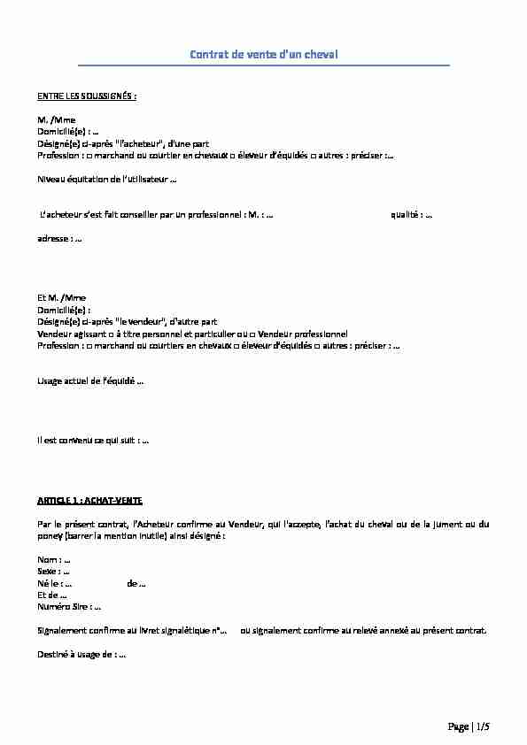 [PDF] Contrat de vente dun cheval - Epona Juris