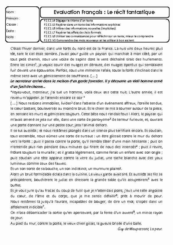 [PDF] Evaluation Français : Le récit fantastique