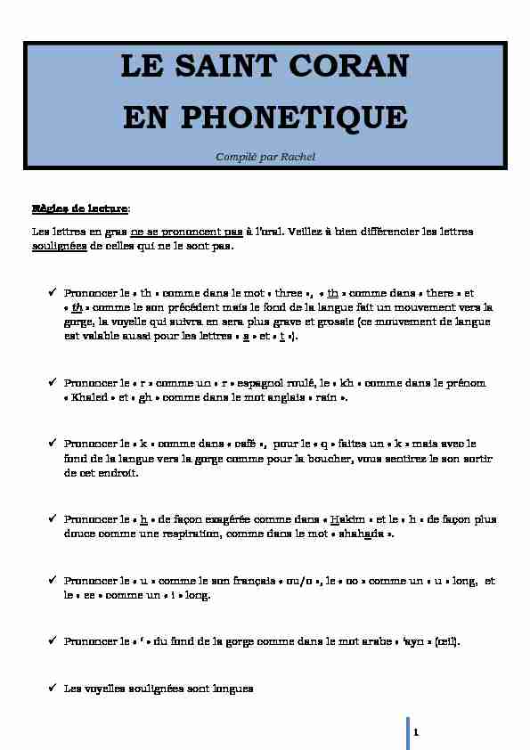 [PDF] LE SAINT CORAN EN PHONETIQUE
