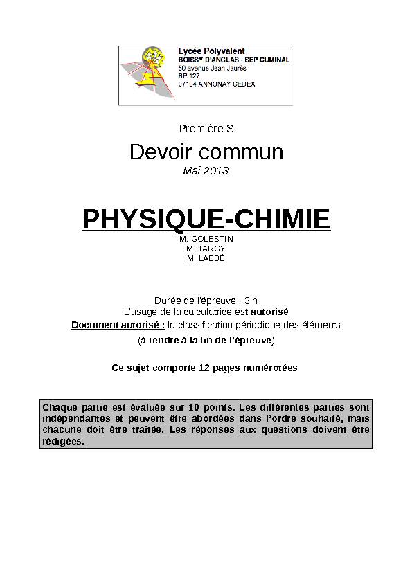 [PDF] 1ère S – Devoir commun 2013 – Épreuve de Physique-Chimie