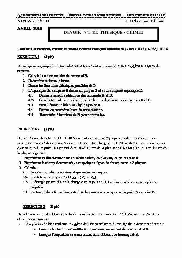 [PDF] NIVEAU : 1ère D CE Physique - Chimie AVRIL 2020 DEVOIR N°1