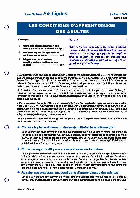 [PDF] LES CONDITIONS DAPPRENTISSAGE DES ADULTES - CEDIP