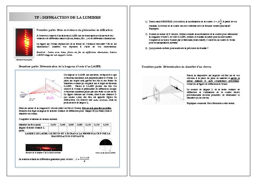 [PDF] TP : DIFFRACTION DE LA LUMIERE - fredpeurierecom