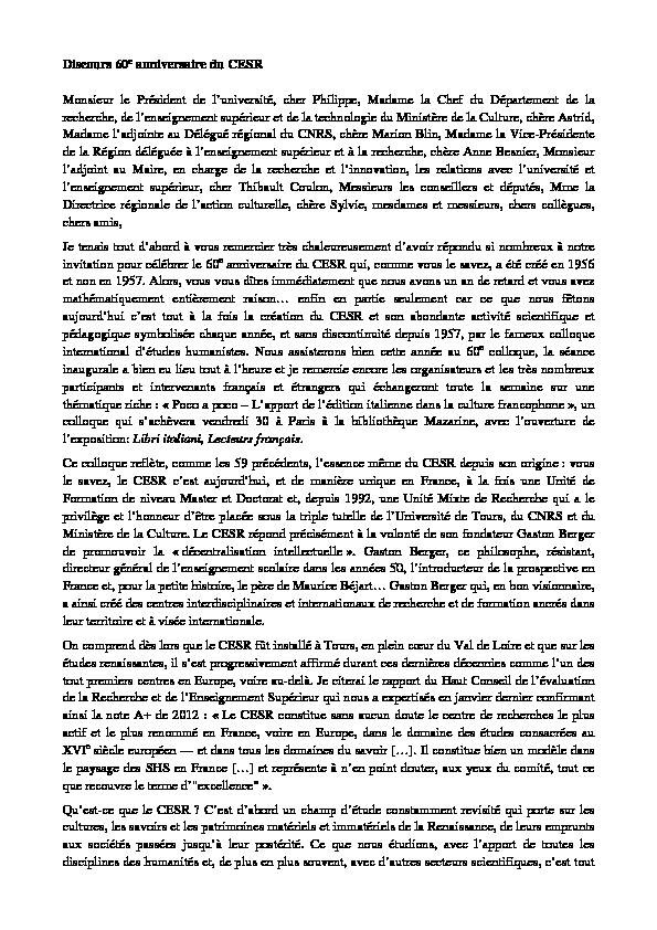 [PDF] Discours 60e anniversaire du CESR Monsieur le Président  - CNRS
